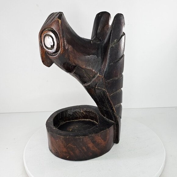 Hand-Carved Owl Figurine Wooden Ashtray Key Dish Catch All Bird Decor Folk Art - Picture 3 of 10